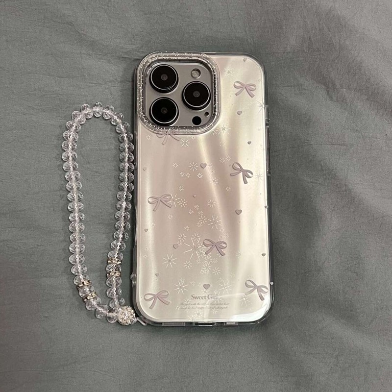 韩系ins粉底镭射爱心蝴蝶结带挂链适用苹果16promax新款iPhone17promax手机壳14小众少女13简约高级15P保护套