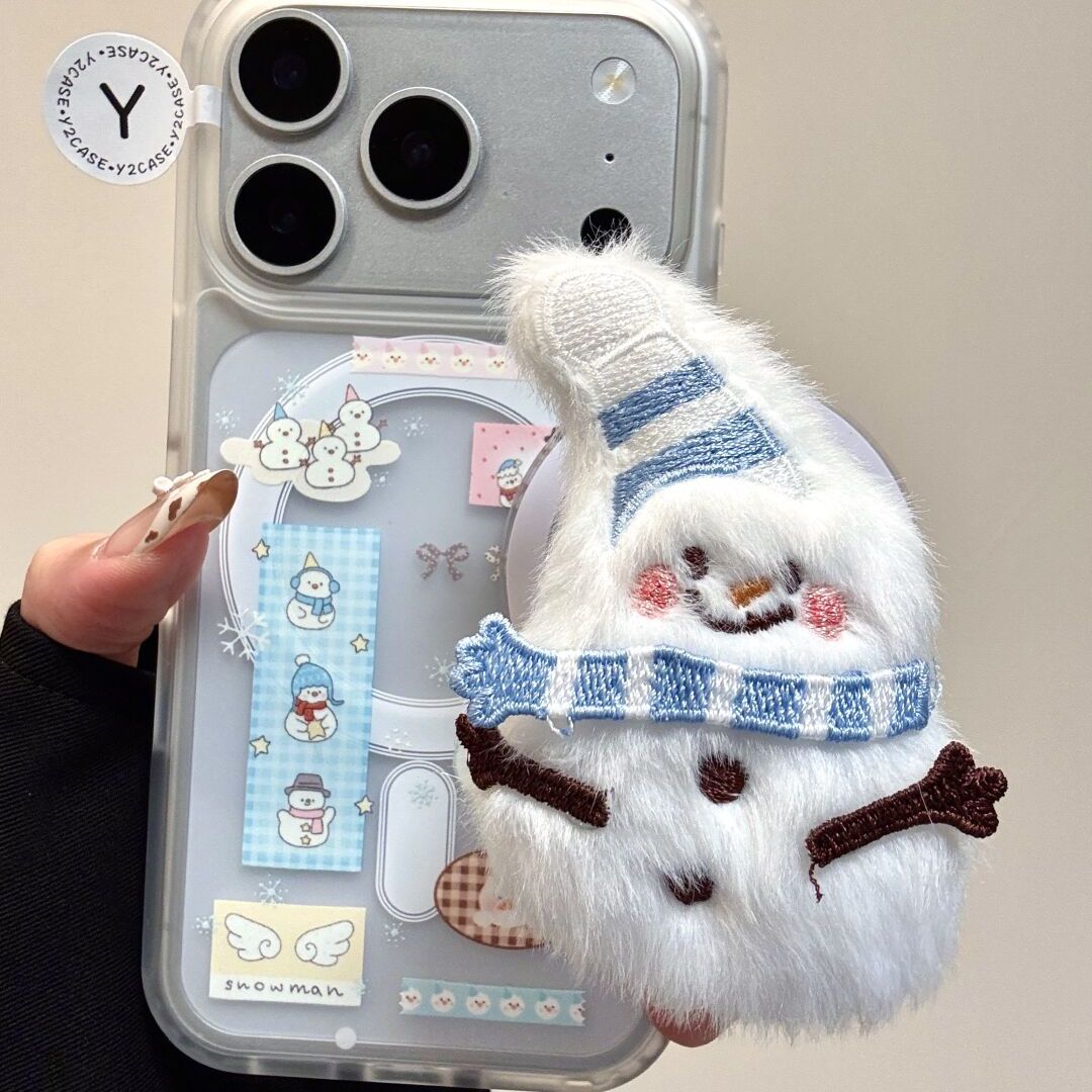 可爱冬日围巾毛绒绒雪人磁吸支架苹果17promax新款iPhone16promax手机壳17个性13卡通14p趣味15pro半透保护套
