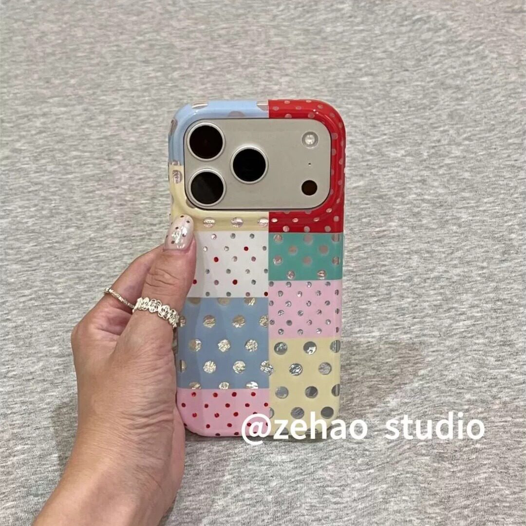 马卡龙拼色波点闪钻iPhone17promax苹果16promax手机壳15promax新款网红17pro不撞壳13超好看16pro全包保护套