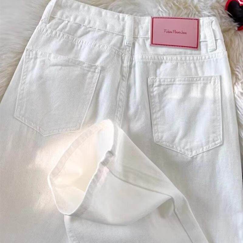 白色窄版阔腿牛仔裤女夏季新款高腰宽松小个子显瘦拖地直筒长裤子
