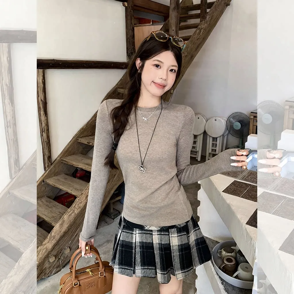 韩系燕麦圆领秋季新款长袖T恤内搭打底衫修身慵懒气质上衣女