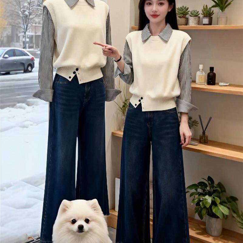 米白色假两件衬衫领条纹拼接针织衫毛衣女款2026新款春季穿搭上衣