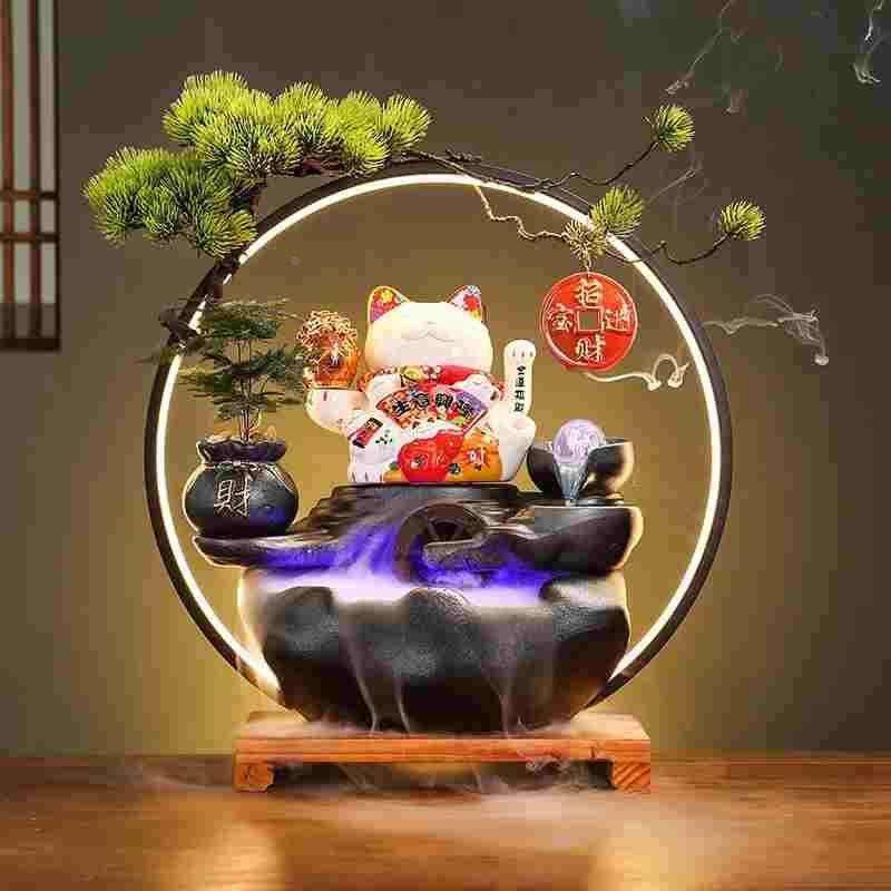 中式流水生财摆件家居客厅办公室桌面创意陶瓷招财猫装饰开业礼品