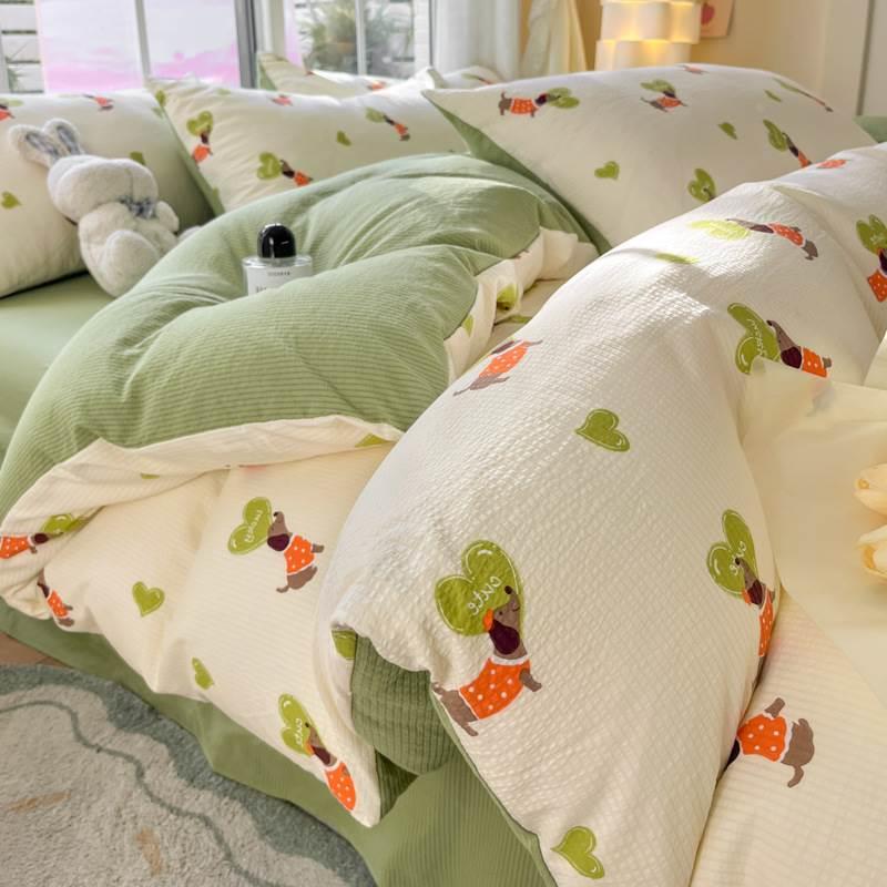 小清新ins风四件套超柔软水洗纯棉床笠款套件床单全棉学生三件套