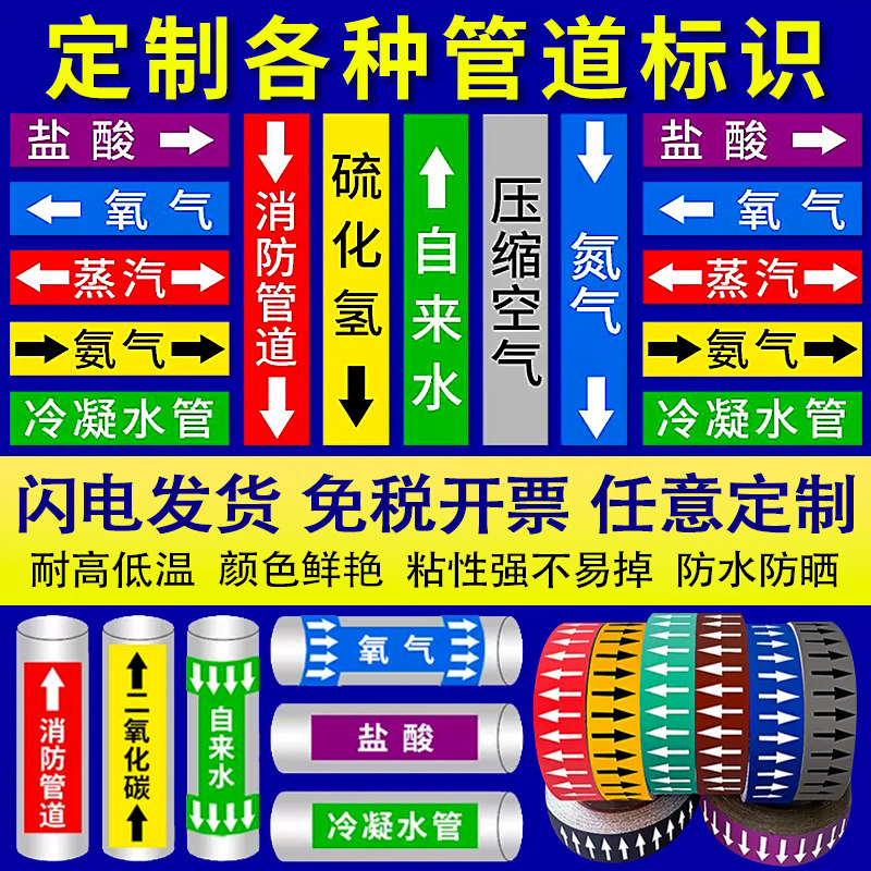 管道流向指示箭头标识贴聚乙烯反光膜国标色环箭头标签贴纸化工厂消防