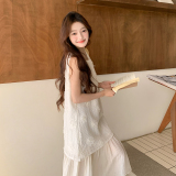 米白色法式清纯系立体花朵拼接连衣裙女2025初夏新款甜美无袖长裙，女装连衣裙，浙宝095(原288A)