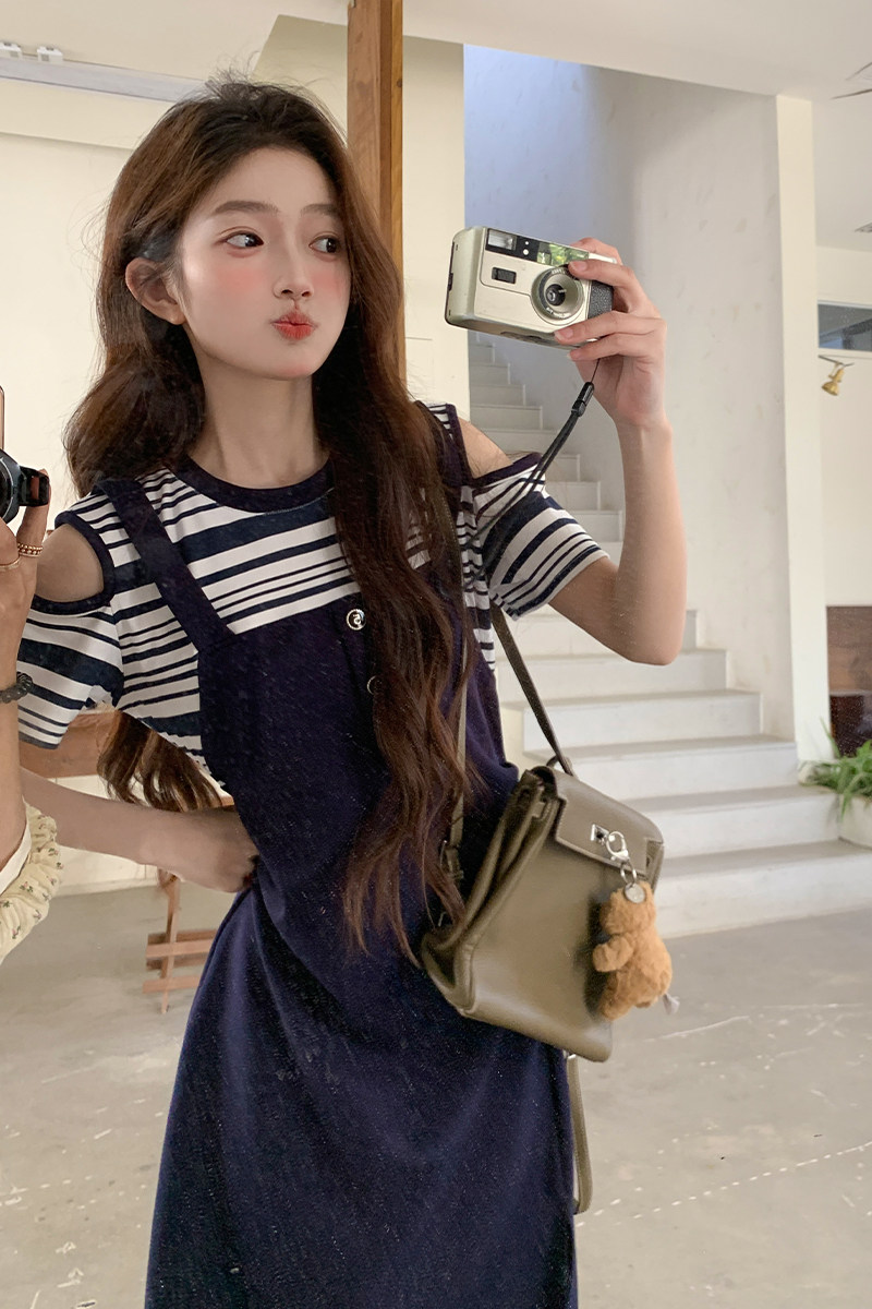 现货2025夏季新款露肩假两件中长款连衣裙095-8173-P125-K188,女装连衣裙,浙宝095(原288A)
