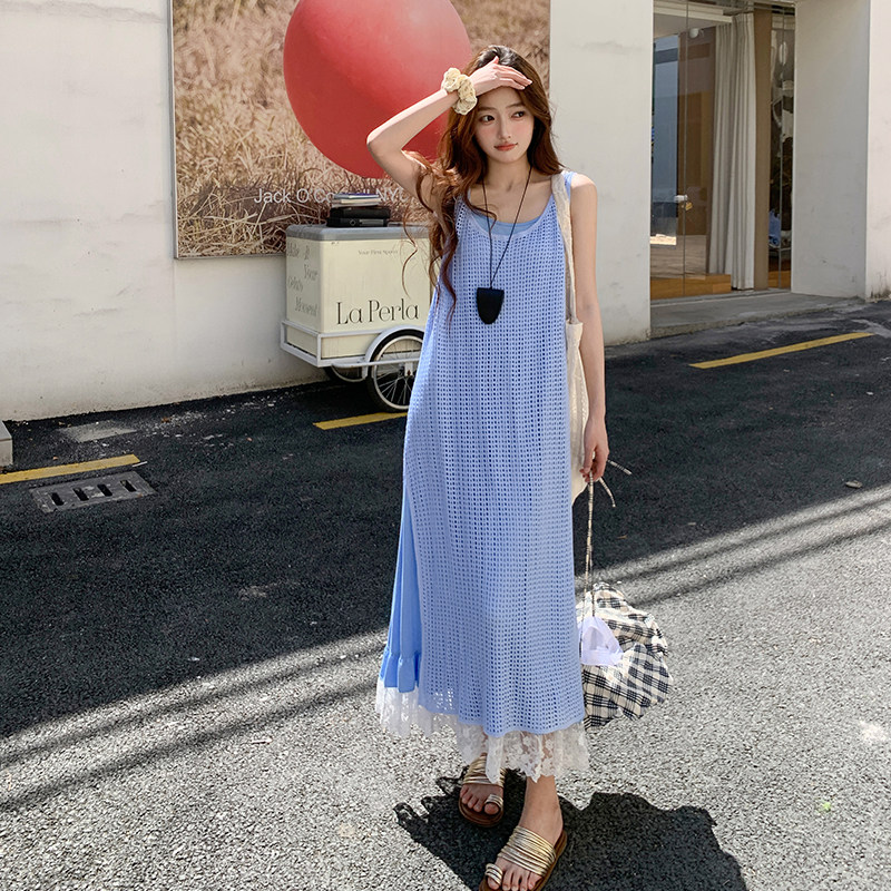 蓝色清纯甜美减龄吊带连衣裙女2025夏季新款爆款罩衫叠穿裙子图片