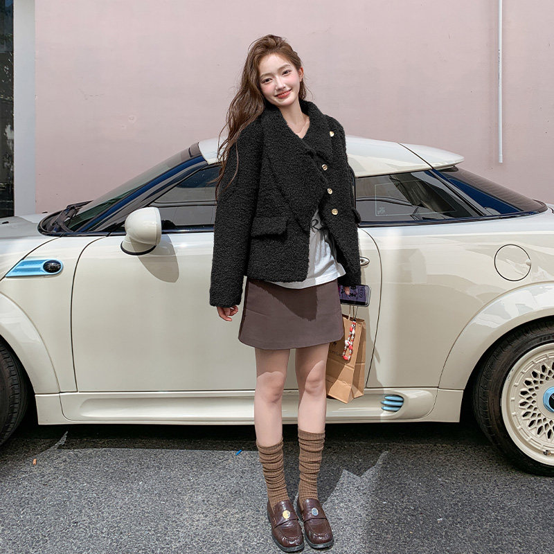 咖色复古羊羔毛外套女2025年冬季新款韩系高级感气质皮毛一体上衣,女装皮草,浙宝095(原288A)