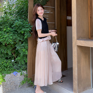 法式高级感拼接短袖套装女2025夏季新款减龄上衣甜美阔腿裤两件套图片