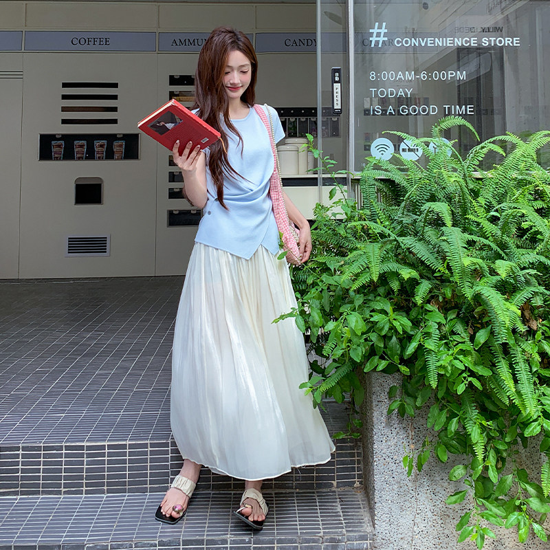 蓝色清冷系设计感上衣套装女2025夏季法式名媛穿搭流光裙裤两件套,女装套装/套裙,浙宝095(原288A)