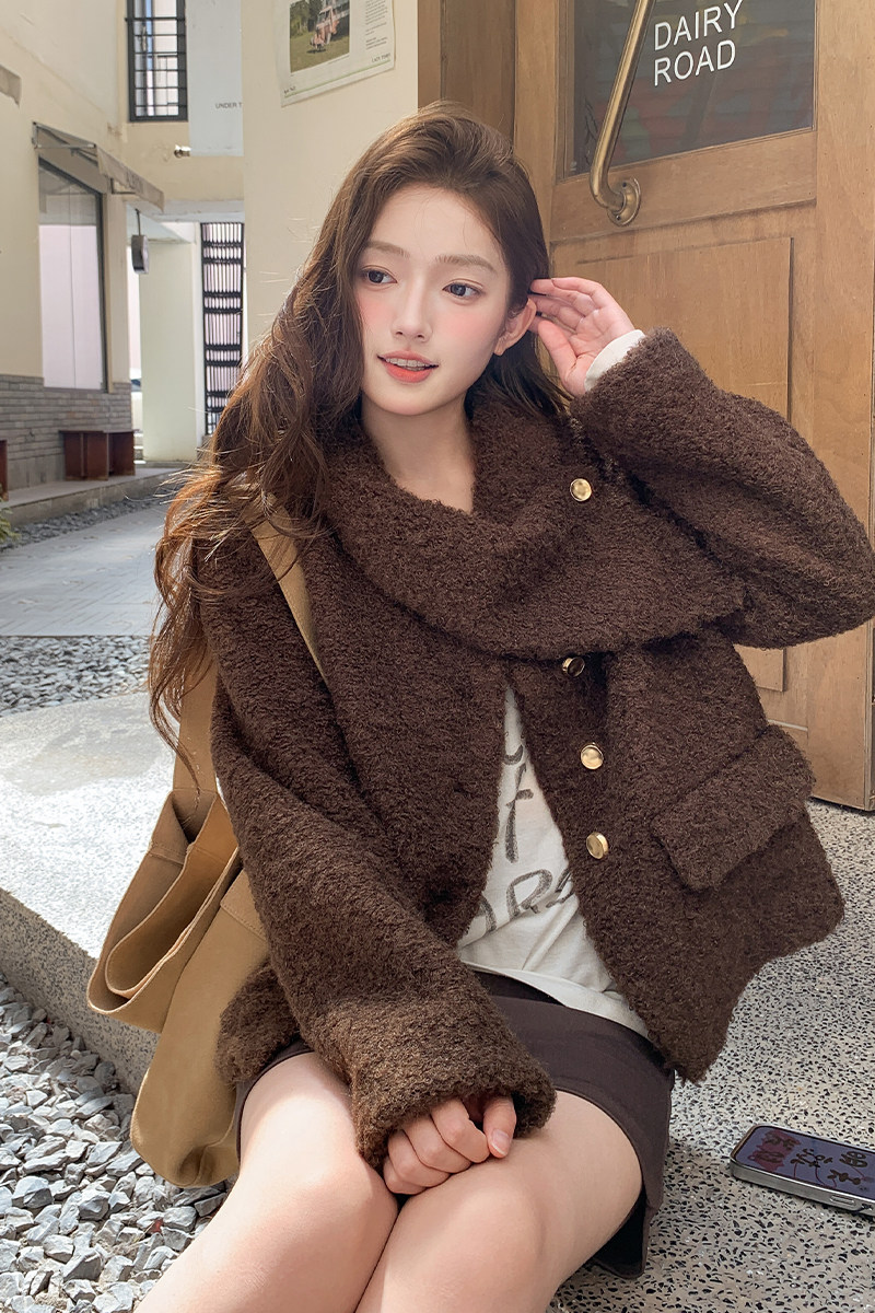 咖色复古羊羔毛外套女2025年冬季新款韩系高级感气质皮毛一体上衣,女装皮草,浙宝095(原288A)