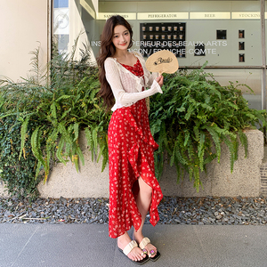 法式复古碎花吊带连衣裙套装女2025夏季新款度假风针织开衫两件套图片