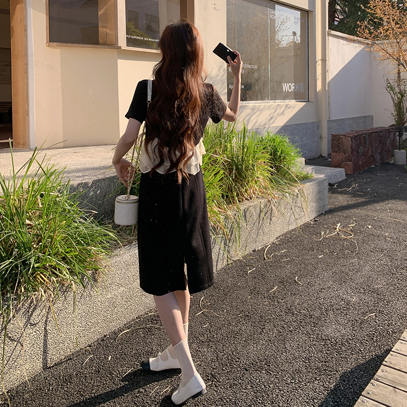 现货2025夏季新款烫钻花边针织假两件连衣裙095-8171-P125-K188,女装连衣裙,浙宝095(原288A)