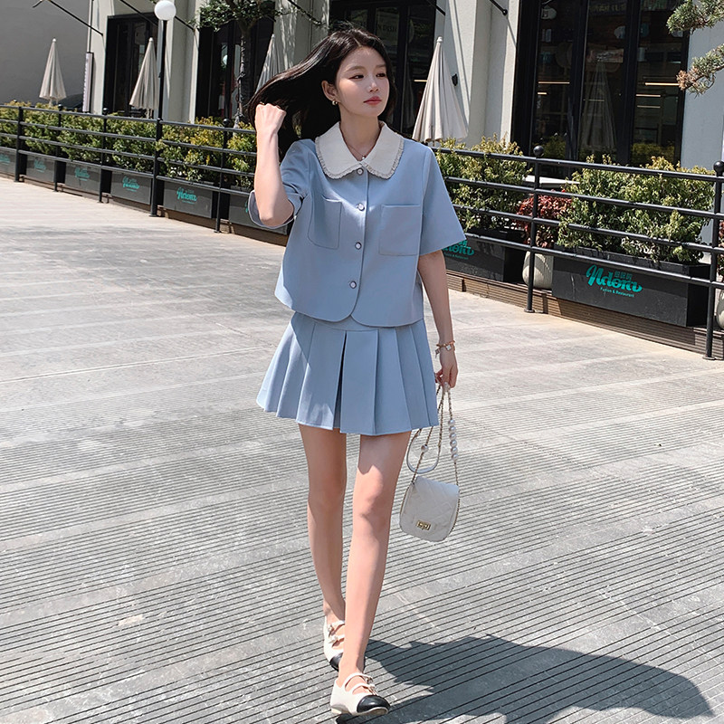 法式气质甜美小香风套装女2025夏季新款显瘦高腰百褶短裙子两件套,女装套装/套裙,浙宝095(原288A)