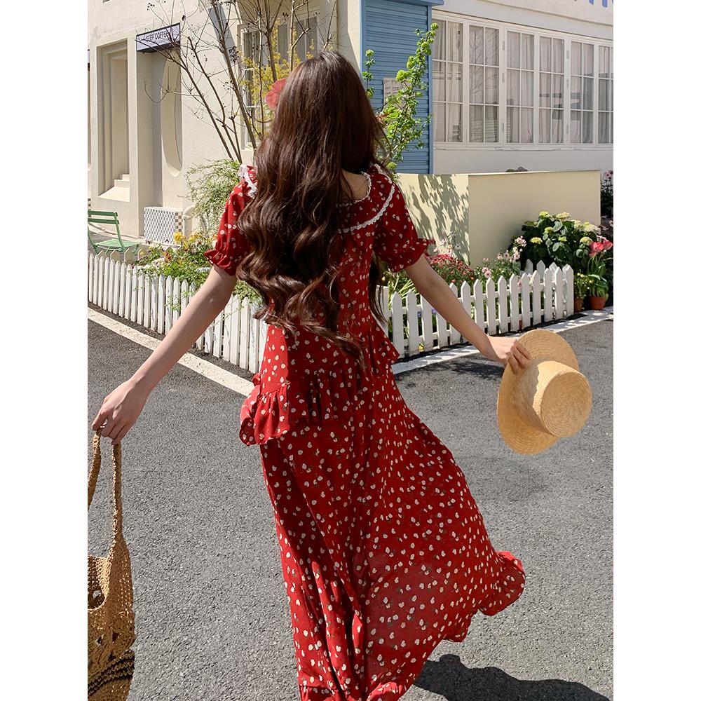 现货2025夏季新款花边娃娃领法式红色连衣裙095-8178-P135-198,女装连衣裙,浙宝095(原288A)