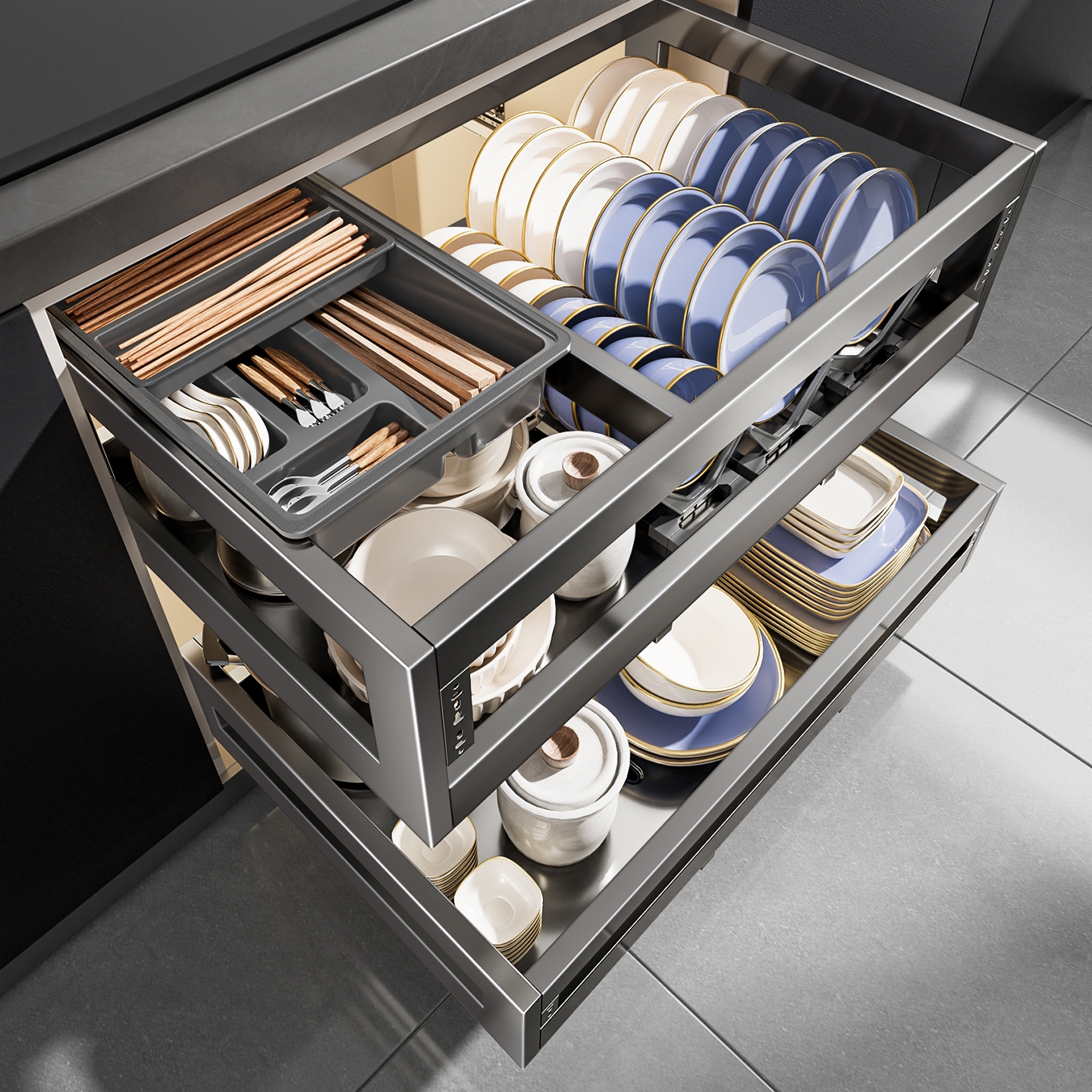 拉篮厨房橱柜太空铝双层抽屉式碗架收纳调味内置橱柜铝合金碗碟篮