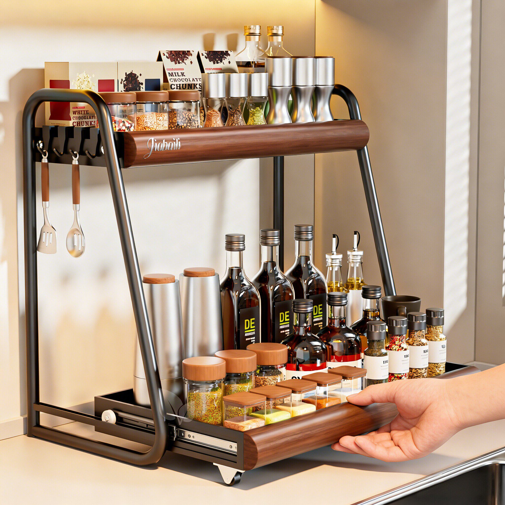 厨房调料置物架抽拉式调味品家用台面油盐酱醋多功能双层收纳架子