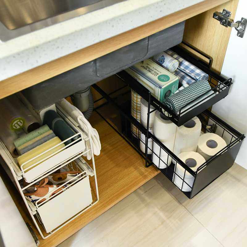 新款直销橱柜内拉篮抽屉式滑轨收纳免安装调料储物盒下水槽厨房推