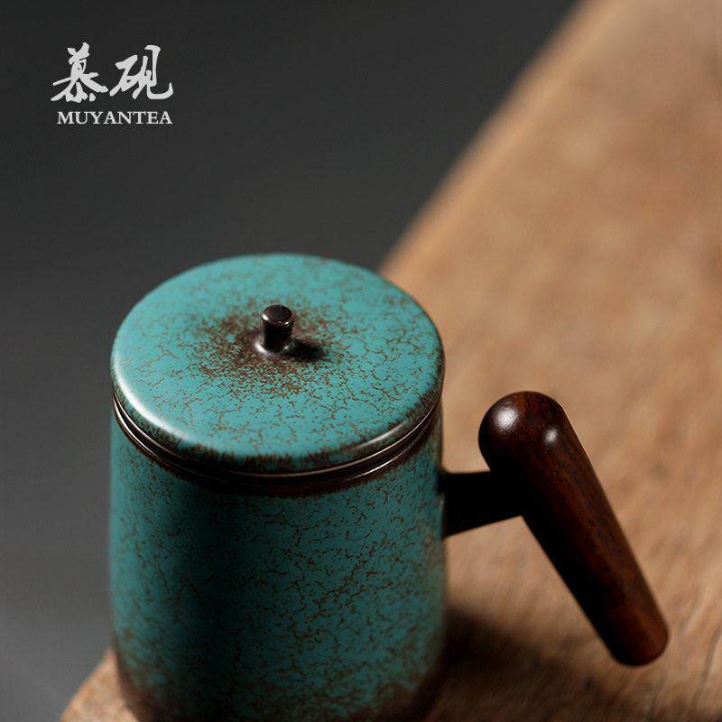 新款直销慕陶日式窑变公杯手工陶瓷马克杯创意木柄水杯家用带盖过