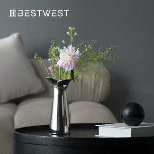 新款直销博西家居设计师轻奢电镀银色鱼尾陶瓷花瓶摆件家居客厅餐