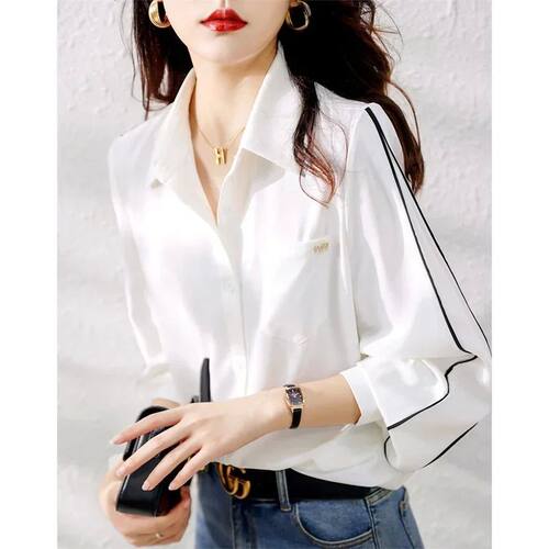 Collar contrasting line top for women 翻领撞色线条长袖上衣女