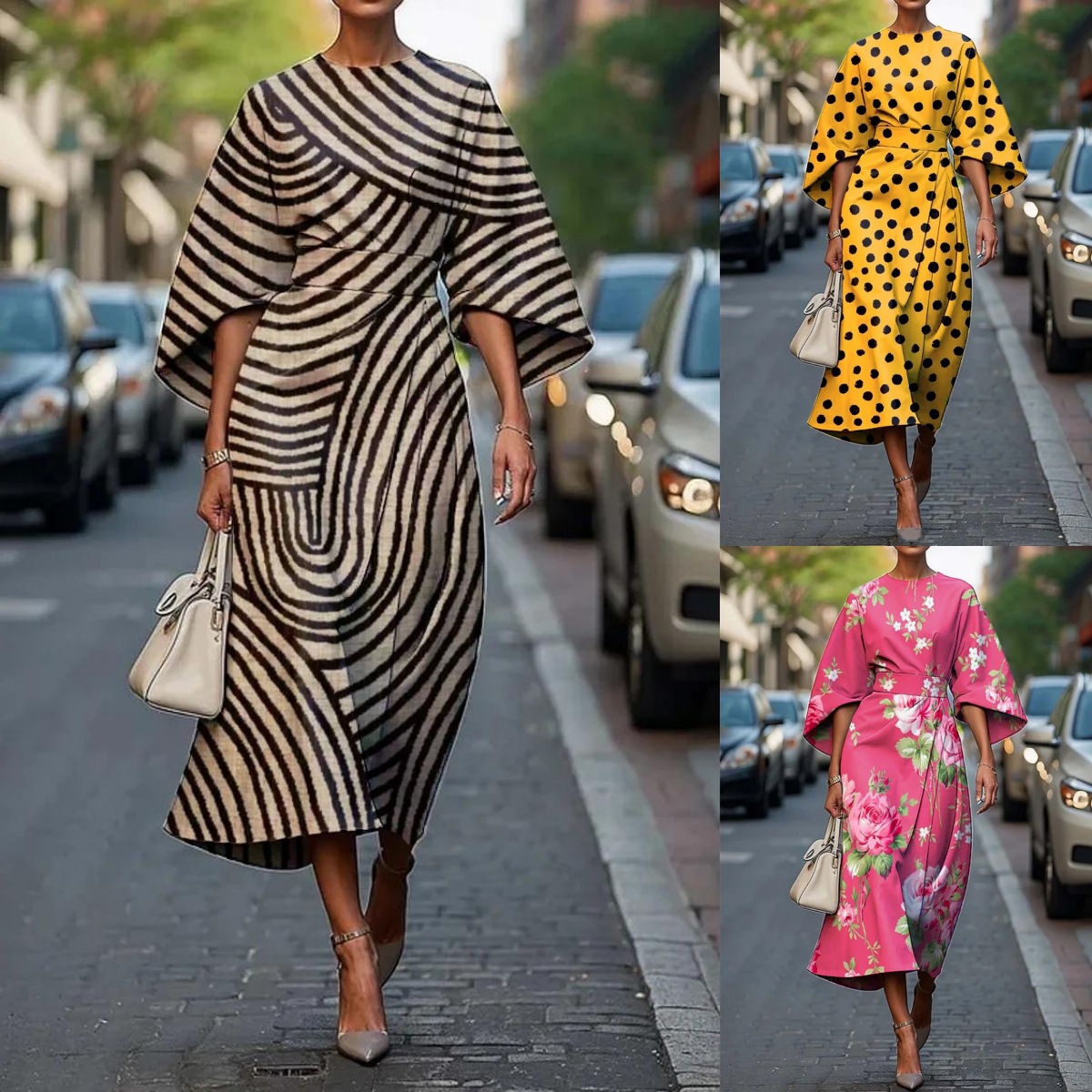 Printed round neck long sleeved dress 女士印花圆领长袖连衣裙