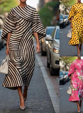 Printed round neck long sleeved dress 女士印花圆领长袖连衣裙