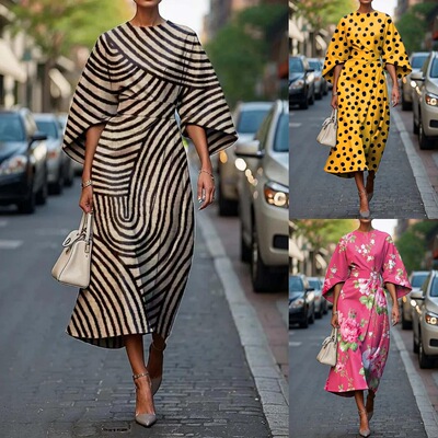 Printed round neck long sleeved dress 女士印花圆领长袖连衣裙