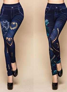 Pants printed skinny jeans denim tights长裤印花紧身仿牛仔裤