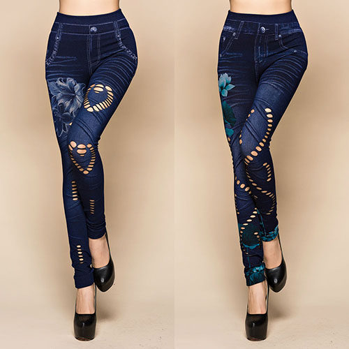 Pants printed skinny jeans denim tights长裤印花紧身仿牛仔裤