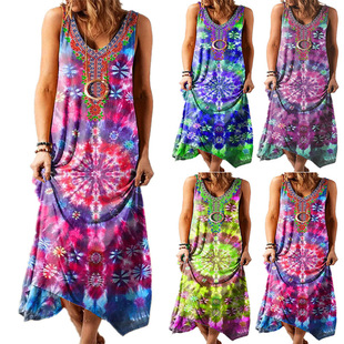 Beach Vacation Loose New Vest Style Printed Dress长裙 Ethnic