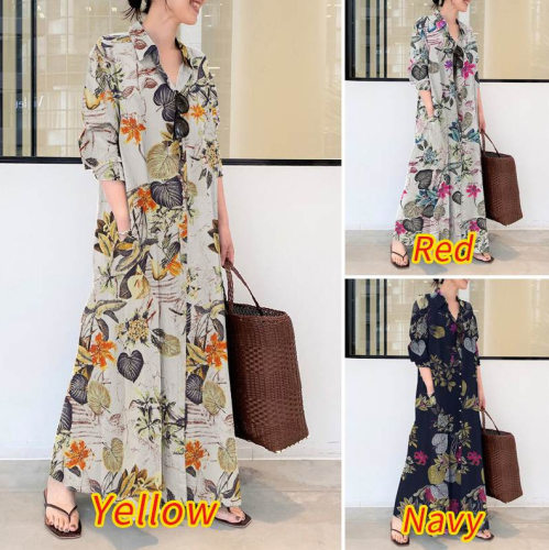 Printed collar long sleeved dress 女士印花翻领长袖开衫连衣裙