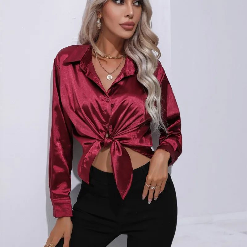 Solid color satin lapel top for women 纯色缎面翻领长袖上衣女