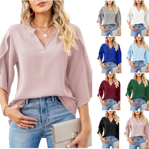 Solid color V-neck loose long sleeved top纯色V领宽松长袖上衣