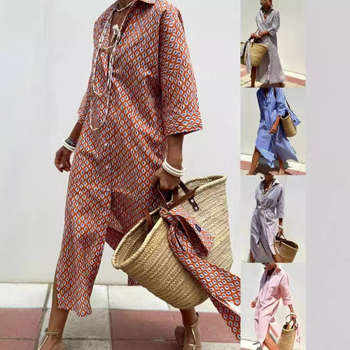 Printed collar long sleeved dress 女士印花翻领长袖系扣连衣裙