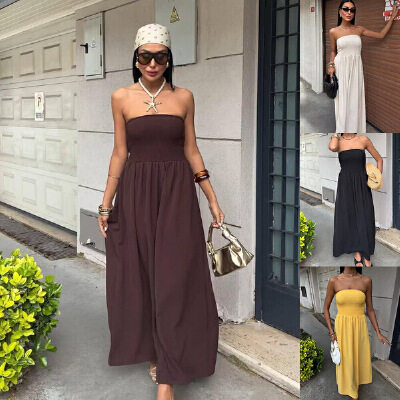 Solid color strapless sleeveless dress女士纯色抹胸无袖连衣裙