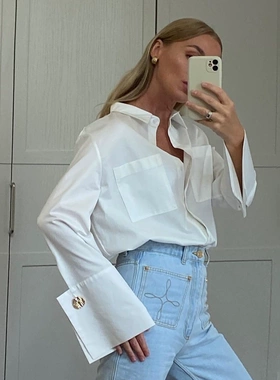 Solid color lapel patchwork shirt for women 女士纯色拼接衬衫