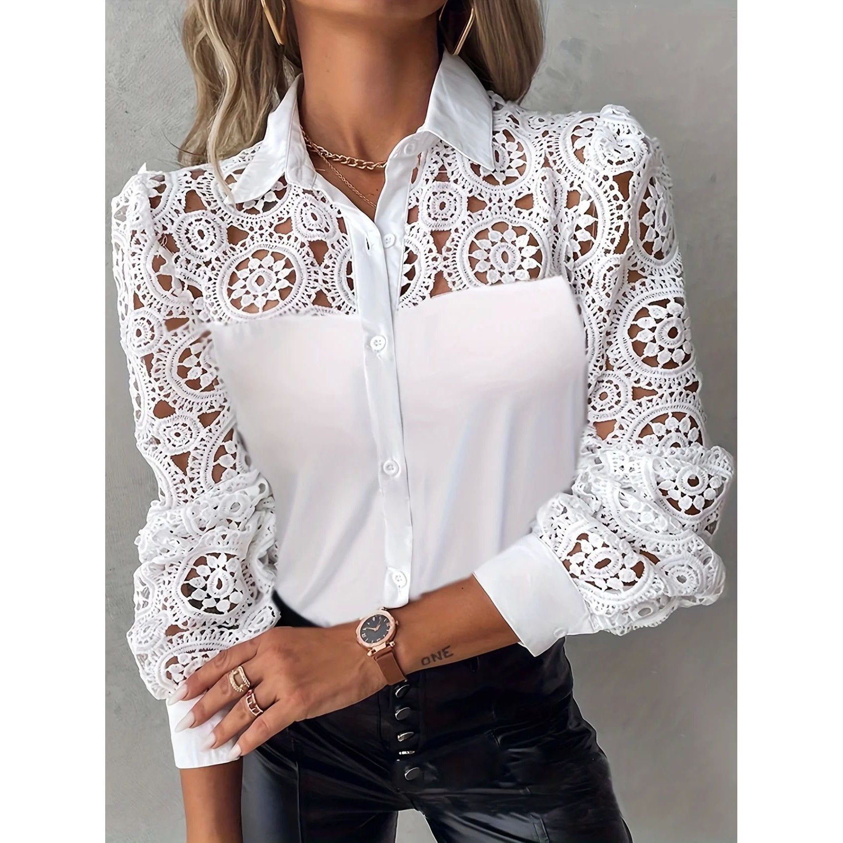 Bar vs Single Row Multi Button Shirt女士翻领单排多扣长袖衬衫