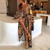 Print Sleeve Dress Neck Vintage Long Style Slit