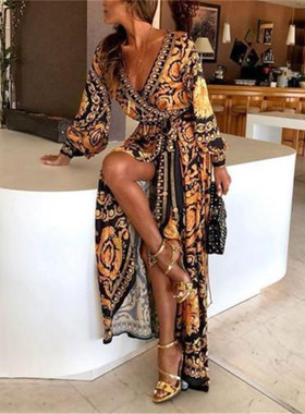 Vintage Print Dress V Neck Vintage Style Long Sleeve Slit