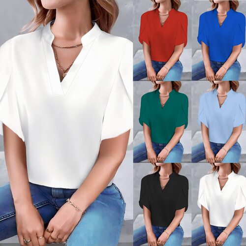 Solid color V-neck short sleeved top 女士纯色V领短袖宽松上衣