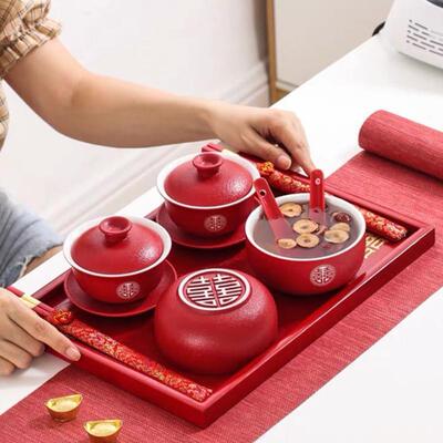结婚敬茶杯套装一对红色喜碗对碗新人改口敬茶杯陪嫁茶碗婚庆礼物