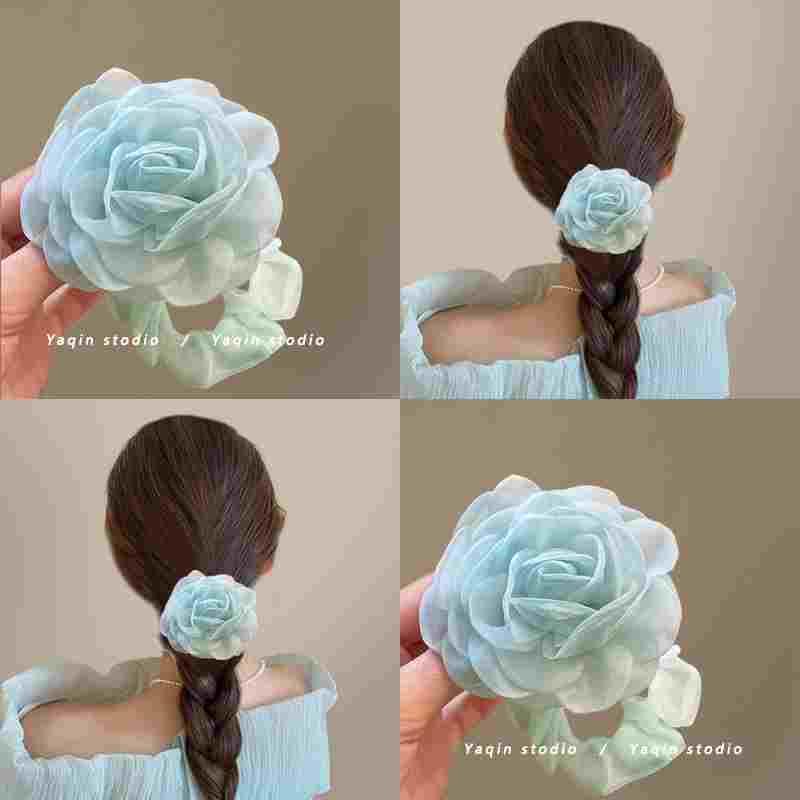 薄荷玫瑰！立体山茶花发圈！清新绿网纱花朵头绳欧根纱皮套头饰女