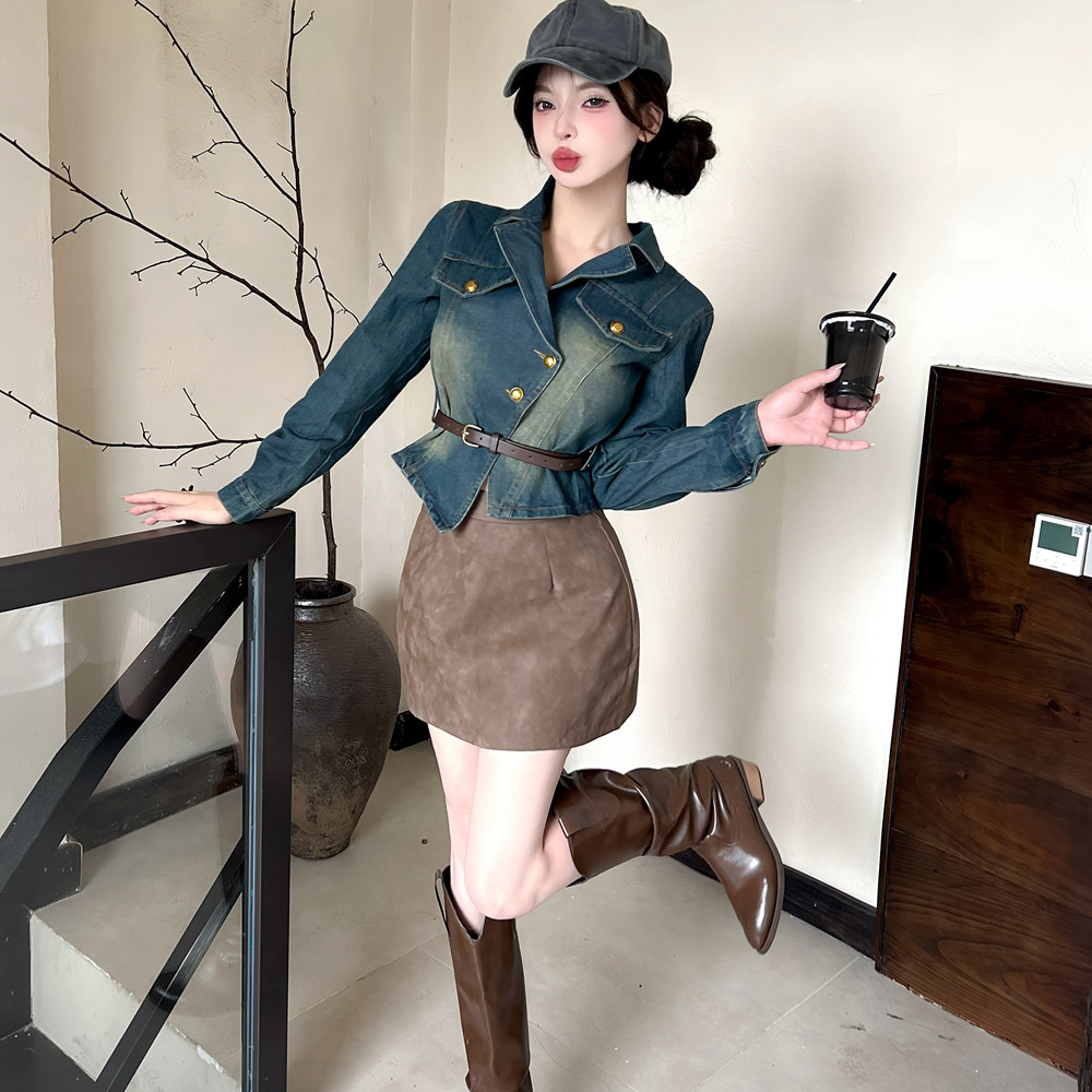 复古港风渐变色牛仔衬衫翻领长袖上衣春秋款时尚减龄高腰包臀皮裙