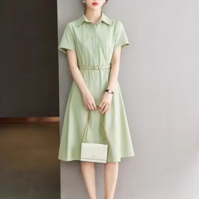 2025夏季新款女职业通勤教师面试正装正式场合穿搭衬衫领连衣裙子