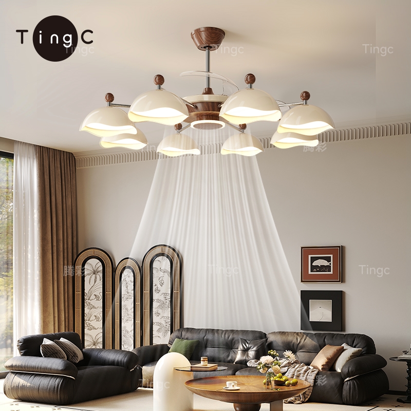 客厅风扇吊灯中古风2025年新款法风餐厅卧室一体隐形吊扇灯式奶油