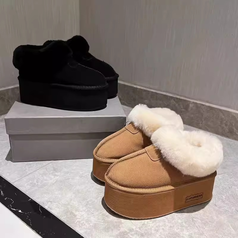 韩国高跟厚底博肯鞋女冬季新款毛毛雪地靴一脚蹬松糕加绒加厚棉鞋