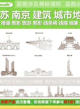 南京江苏建筑城市地标天际线条描稿插画景观手绘旅游设计剪影素材
