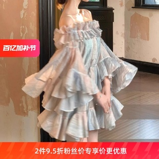设计感荷叶边气质短裙子 甜美一字肩吊带裙抹胸连衣裙女2025夏新款